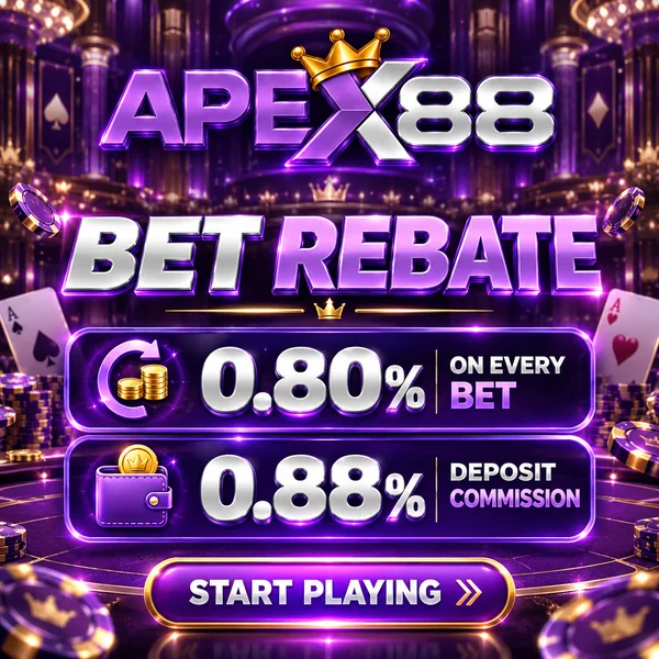 APEX88 promotion artwork: Bet Rebate: 0.80% on every bet, 0.88% deposit commission. Start playing