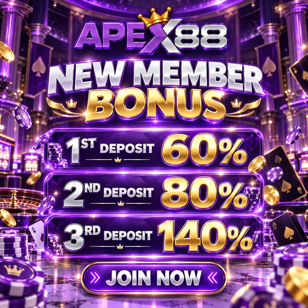APEX88 promotion artwork: New Member Bonus: 1st deposit 60%, 2nd deposit 80%, 3rd deposit 140%. Join now